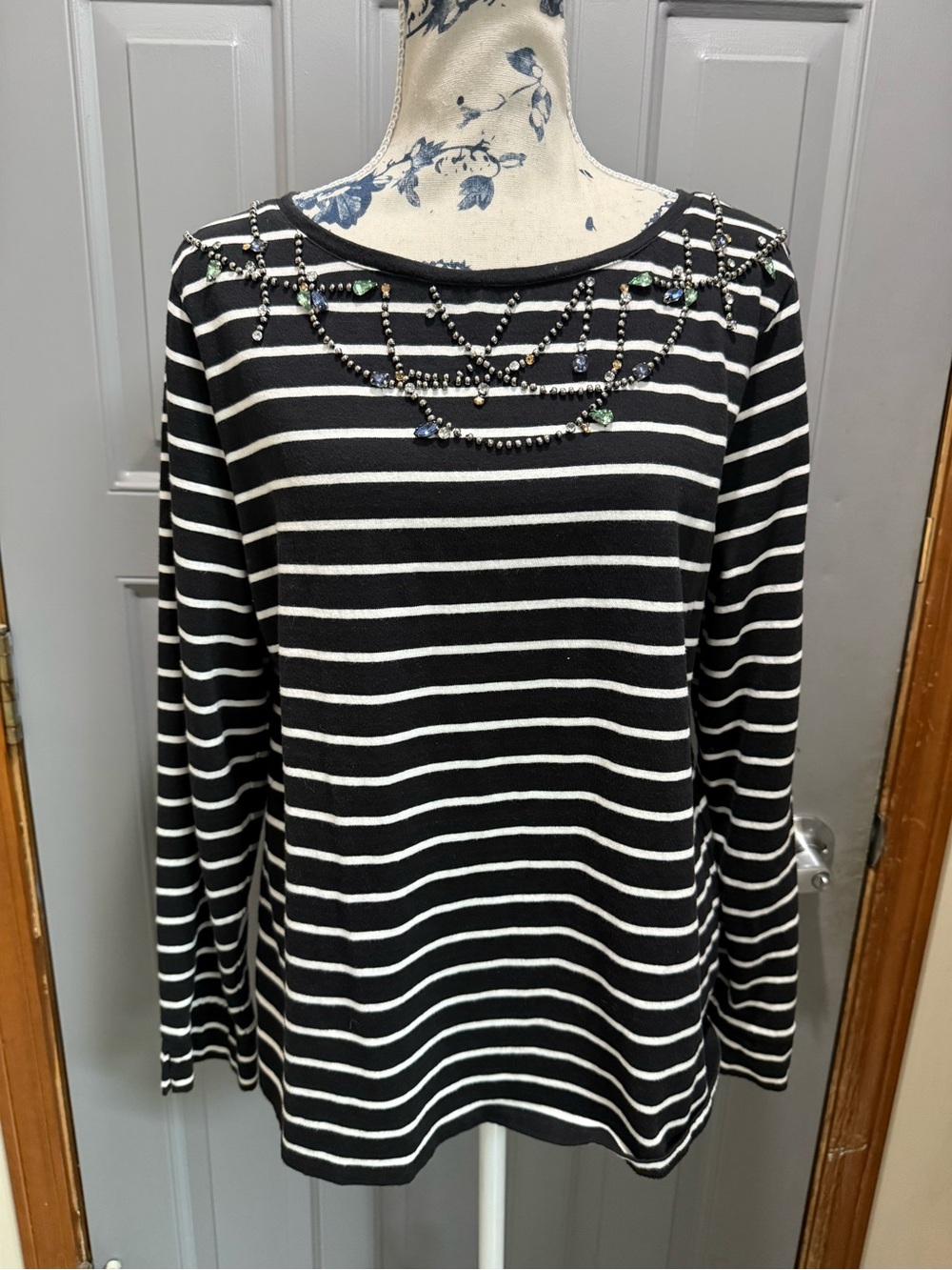 Women’s Black & White Striped Long-Sleeve Top Beaded Neckline-Talbots (L/XL)